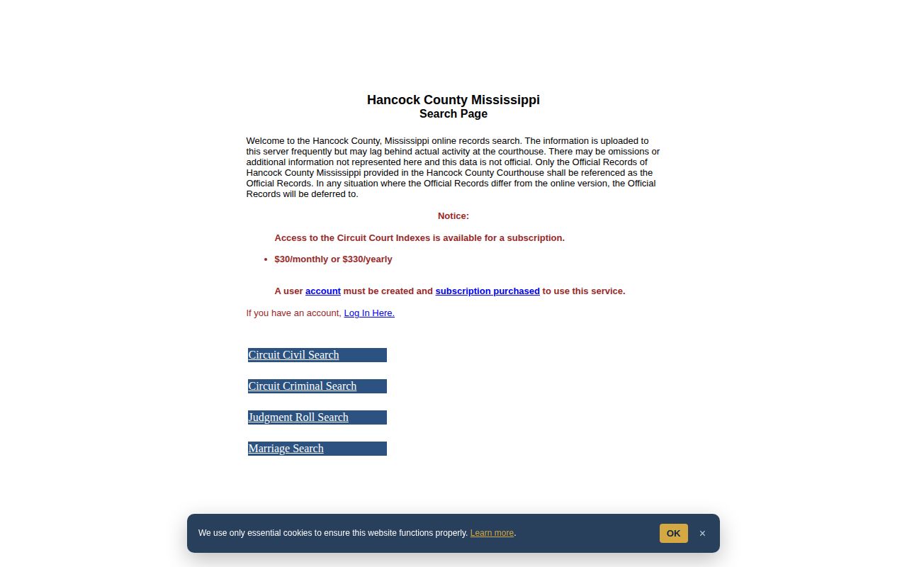 Hancock County online criminal-records interface with a courthouse-data warning
