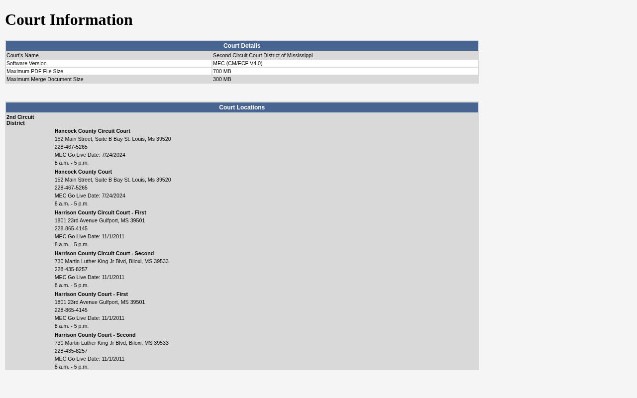 Hancock County Circuit Court electronic-information page through Mississippi Second Circuit MEC